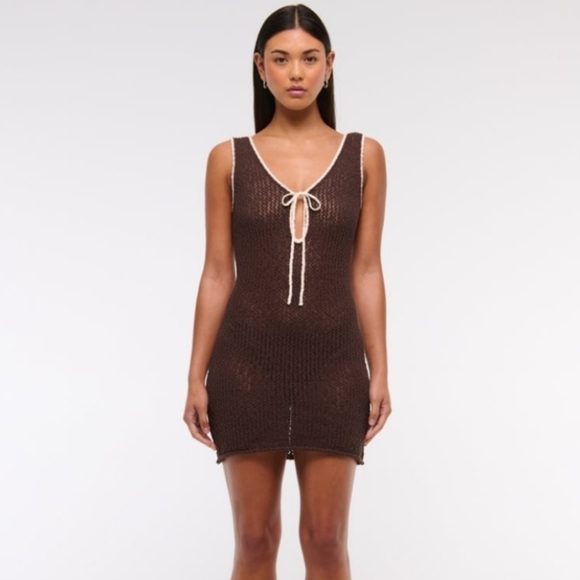 Abercrombie & Fitch Brown Knit Swim Cover Up Mini Dress with Cream Trim - Picture 10 of 11